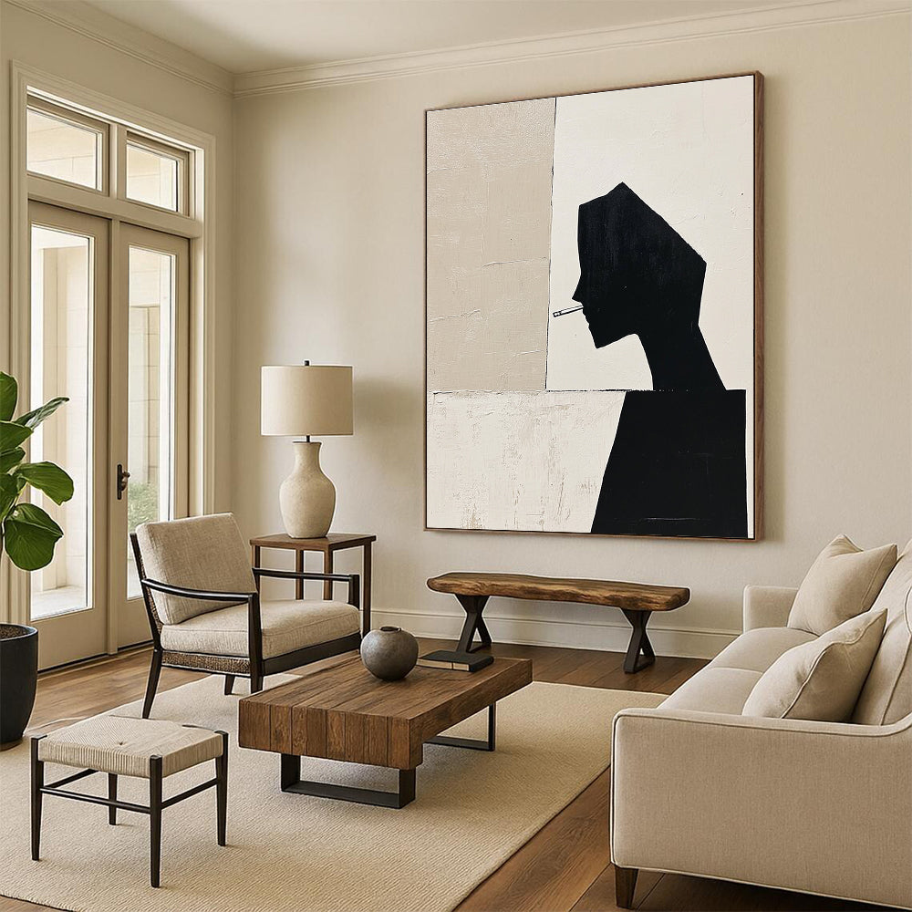 Large abstract painting featuring a black silhouette of a woman's body in profile with geometric shapes and minimalistic deconstructed tailoring in a monochromatic palette.STSC1486
