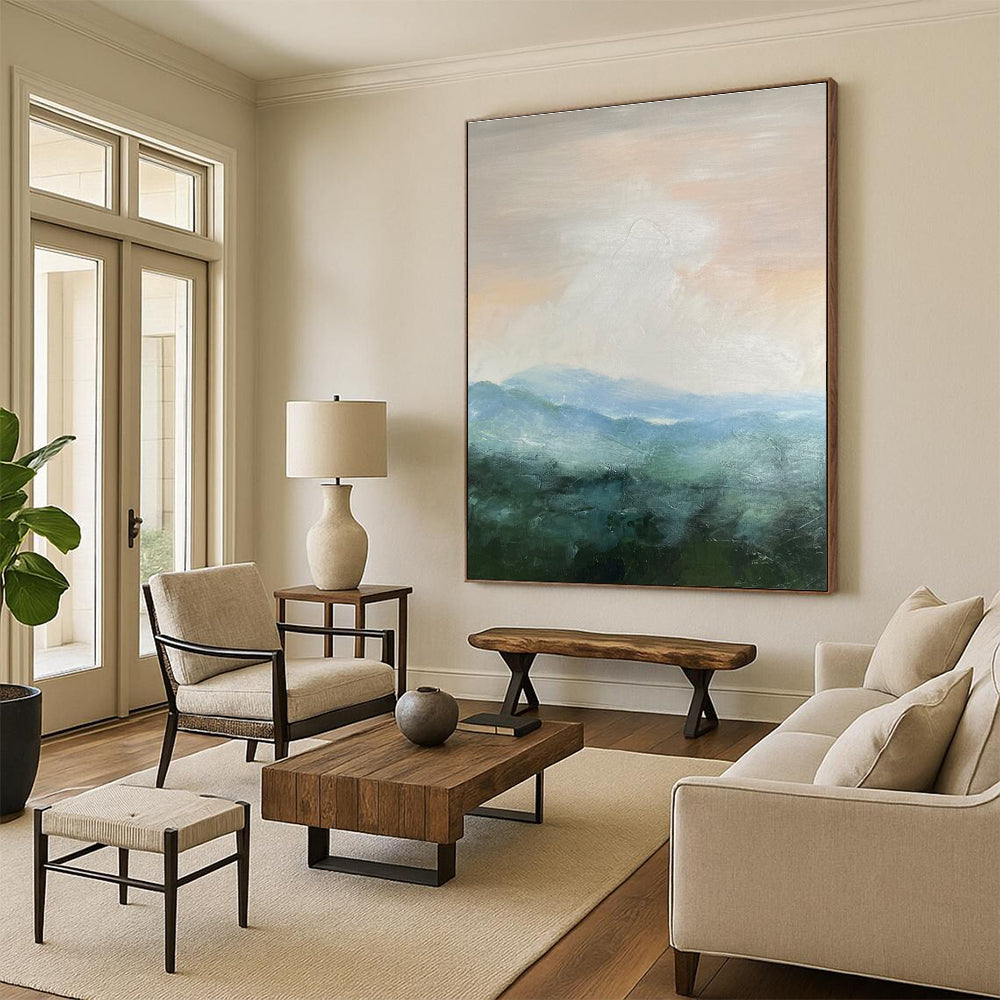 Soft Pink Blue Green Misty Mountain Abstract Painting ADGE010