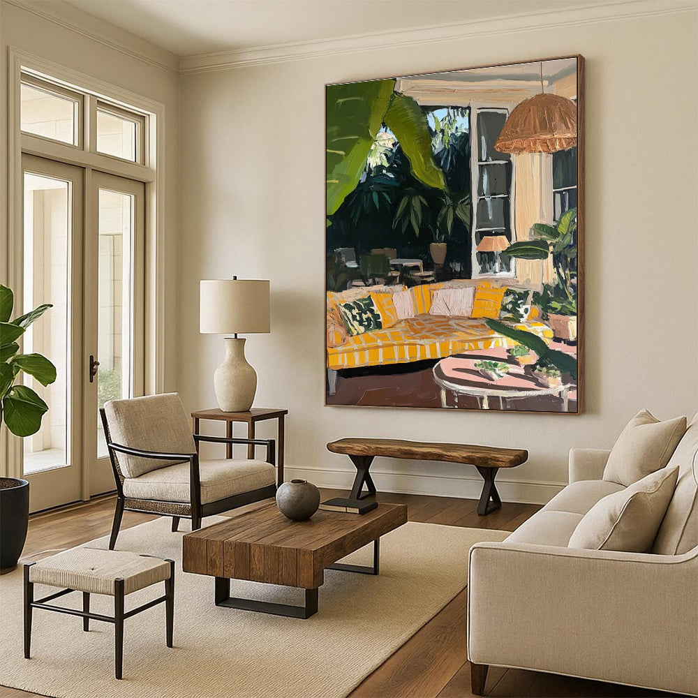 Indoor Outdoor Living Scene Painting with Warm Yellow Tones ADGE435