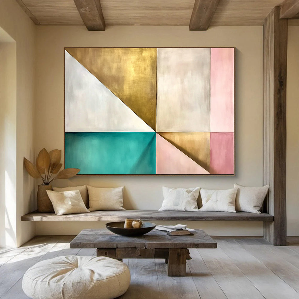 A large abstract painting featuring geometric shapes in white with light brown tones and hints of pale yellow, inspired by Japandi and James Turrell.SC504