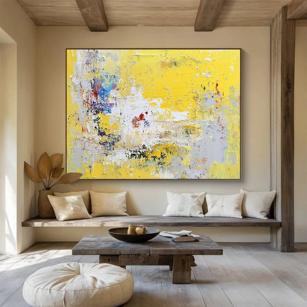 Large abstract painting in yellow and grey with hints of blue green white and red soft textured brushstrokes evoking nostalgia and contemplation.SC370