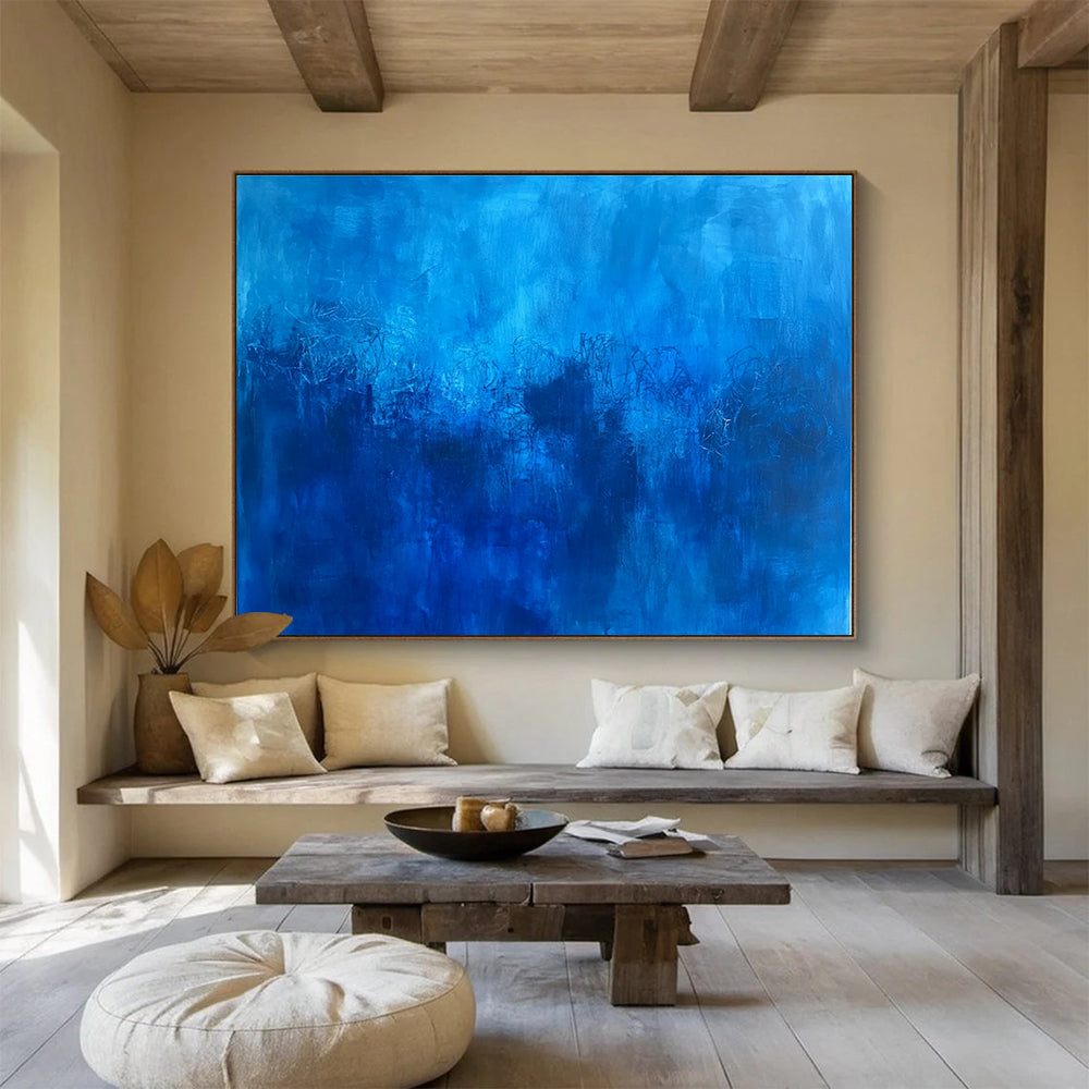Abstract blue painting featuring deep blue hues and minimalist underwater elements inspired by Le Pho.SC036