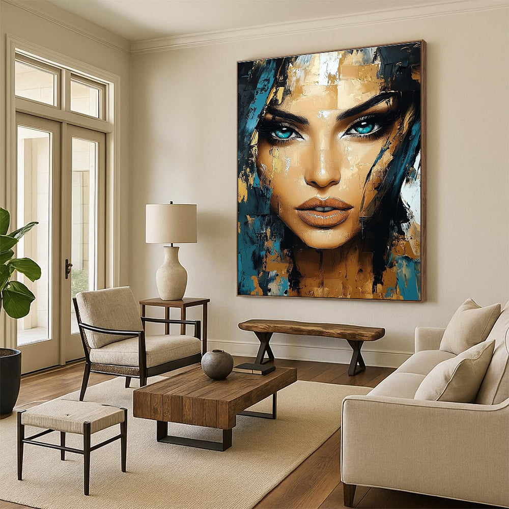 Abstract portrait of a beautiful woman with turquoise eyes and gold accents featuring expressive brush strokes and intricate details in the style of Ismail Inceoglu.STSC456