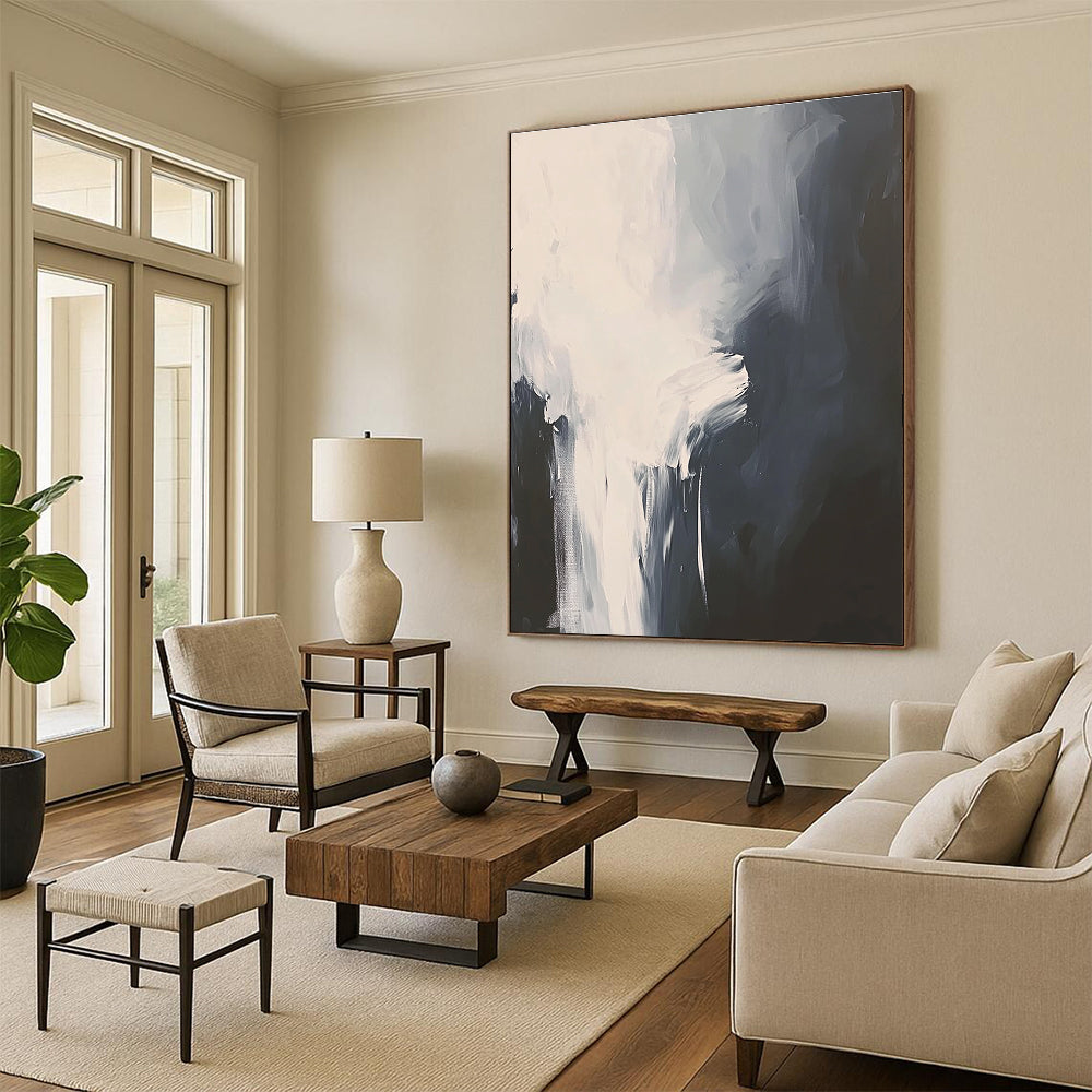Large abstract painting in white and gray featuring atmospheric brushstrokes and a cloud pattern on a black background with a minimalist style.STSC236