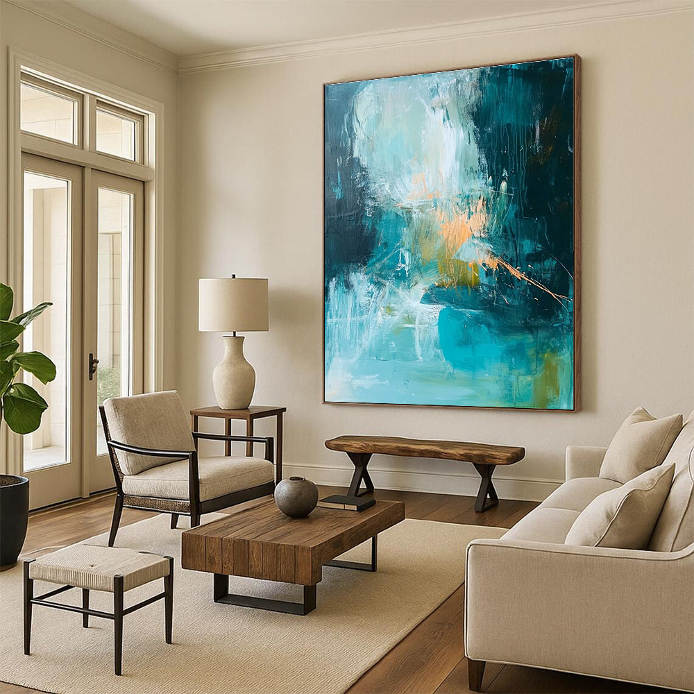 Teal and Orange Abstract Painting with Dynamic Brushstrokes GER588
