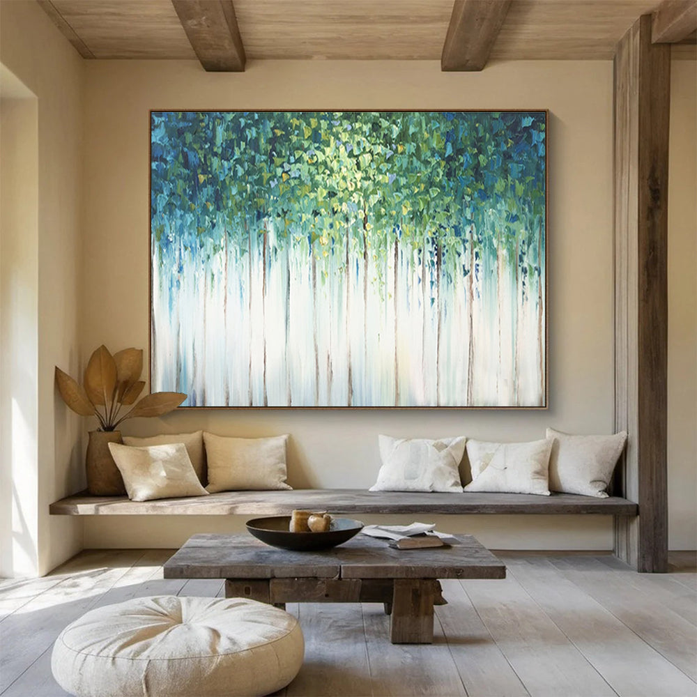 Forest Canopy Abstract Painting with Green, Blue, and White Tones THY206