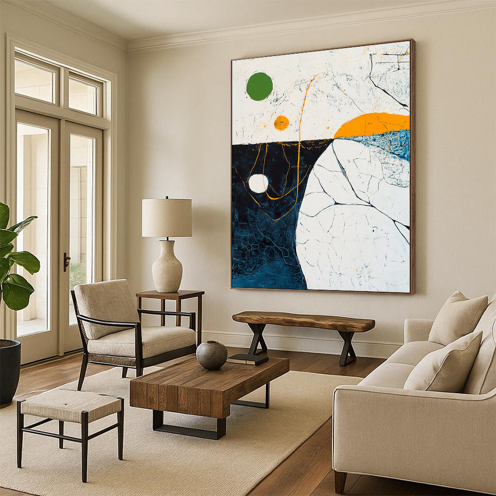 Large abstract painting depicting an aerial ocean view with a green circle and yellow lines featuring thick brush strokes and vibrant colors.STSC255