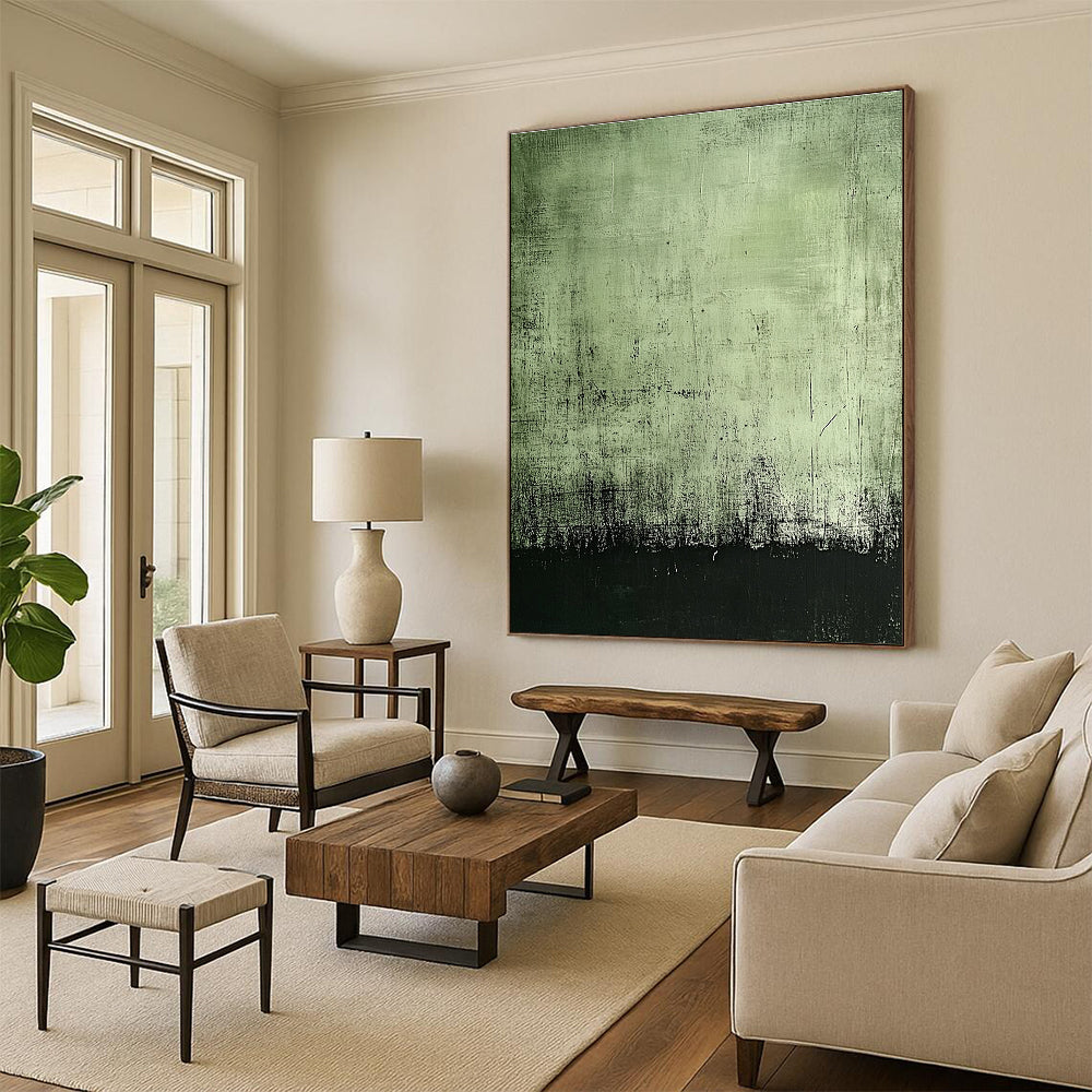 Large abstract painting featuring a dark green background with black edges and subtle gray textures for a mysterious aged effect.STSC398