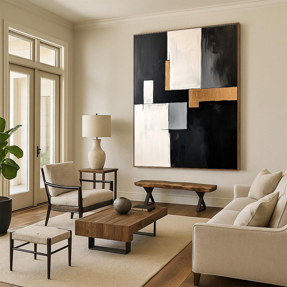 Black White Gray and Gold Abstract Painting with Luxe Elements GER508