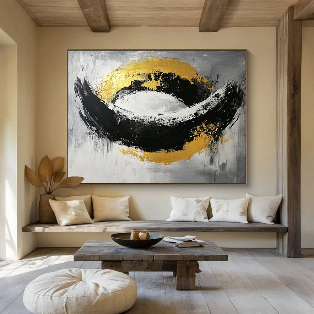 Black White and Gold Abstract Painting with Bold Shapes DYP296