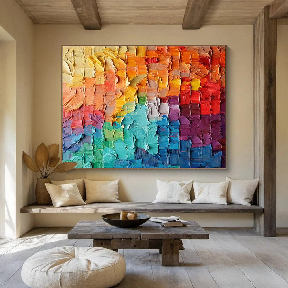 Rainbow Palette Knife Abstract Painting with Layered Color Squares THY299