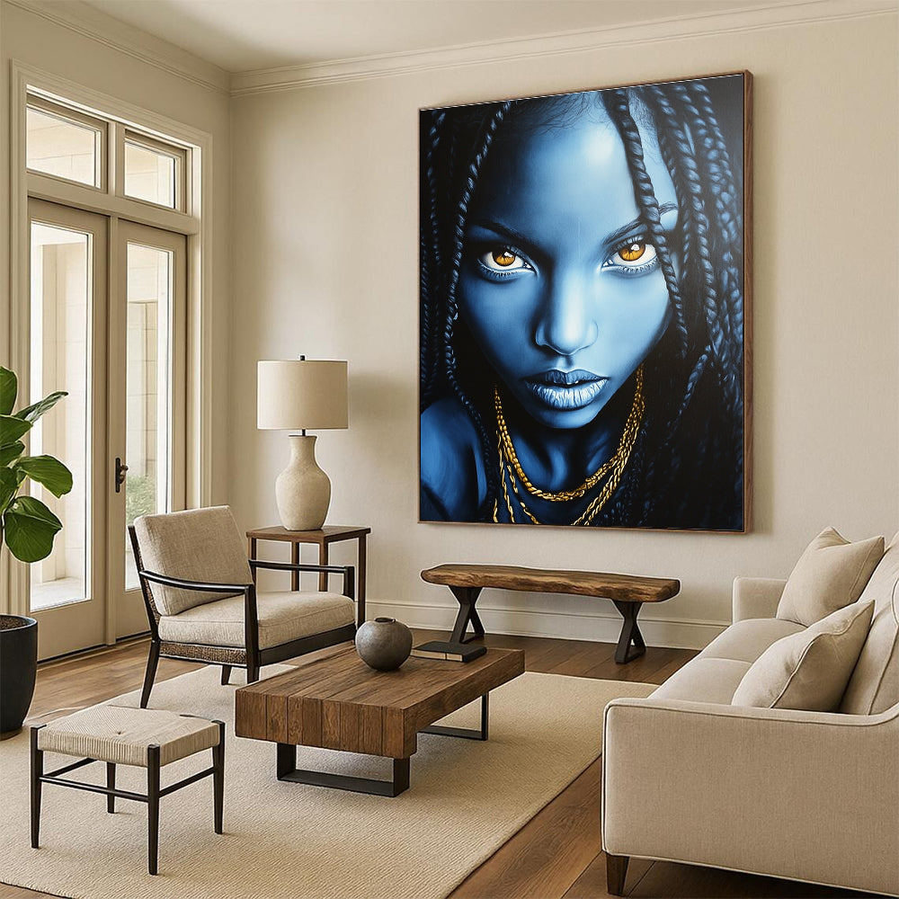 Abstract painting featuring an African American woman with long black braids and glowing blue face against a dark gray background adorned with gold necklaces.STSC1273