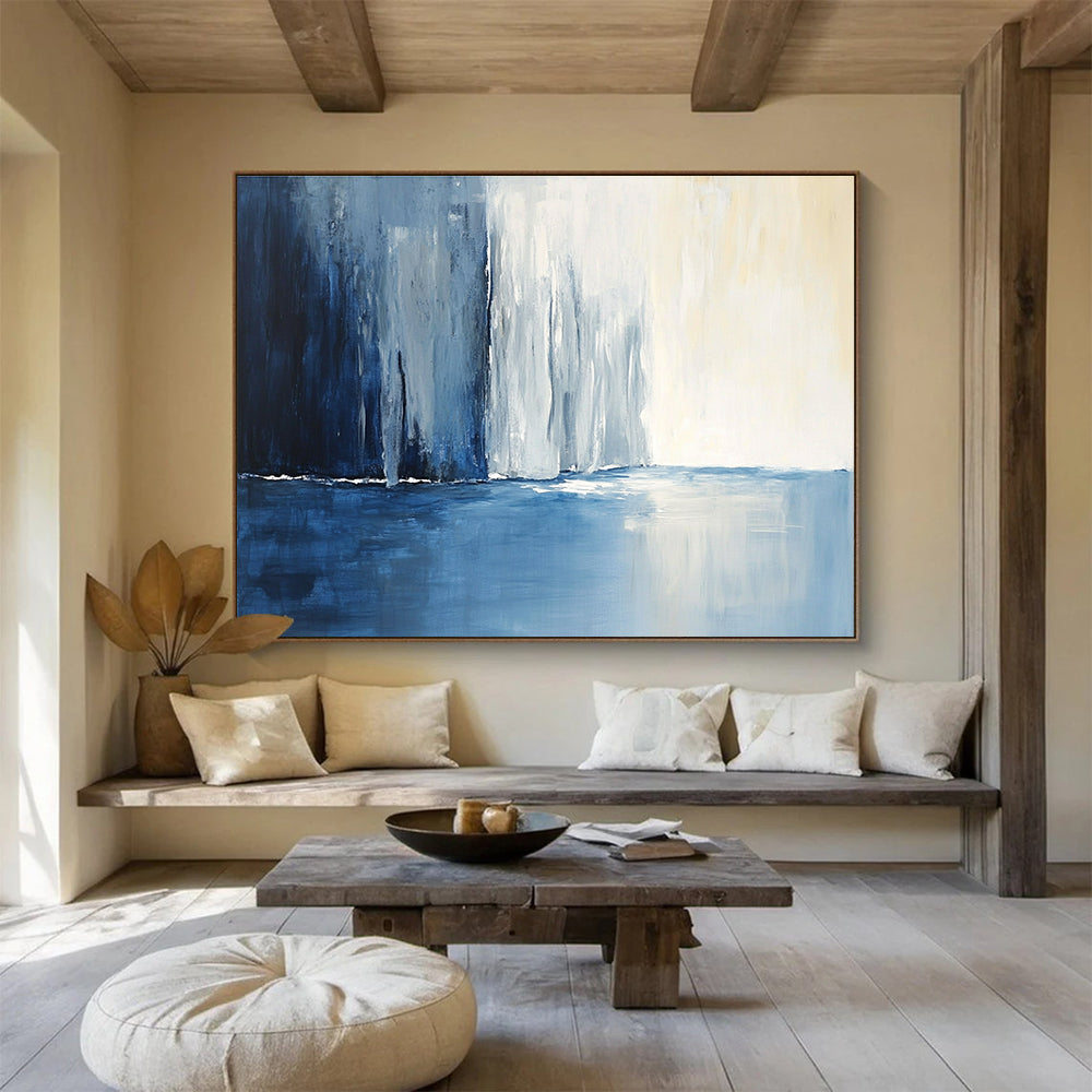 Large abstract painting of an icy blue river and snow-covered cliffs reflecting light, featuring dynamic brushstrokes and a deep gradient background.SC045