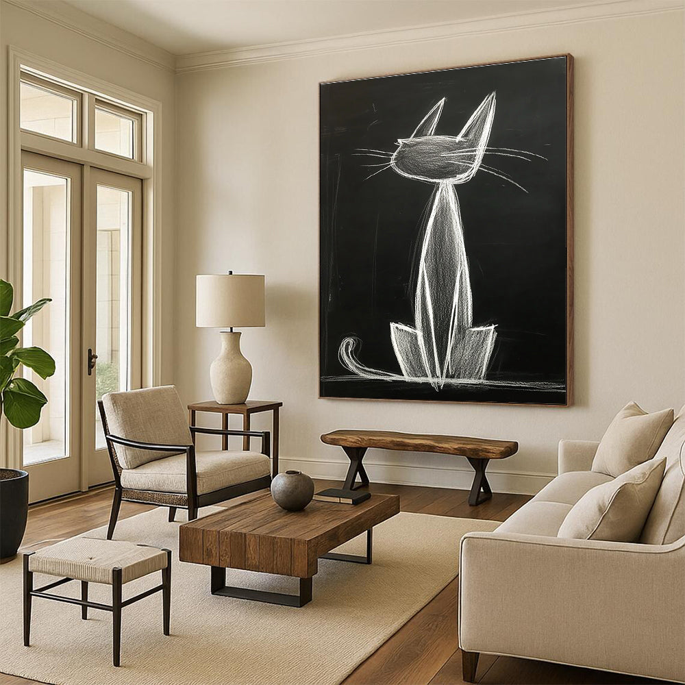 A large abstract artwork featuring an anthropomorphic cat with long ears sitting gracefully on its hind legs, captured in smooth chalk lines.STSC1184