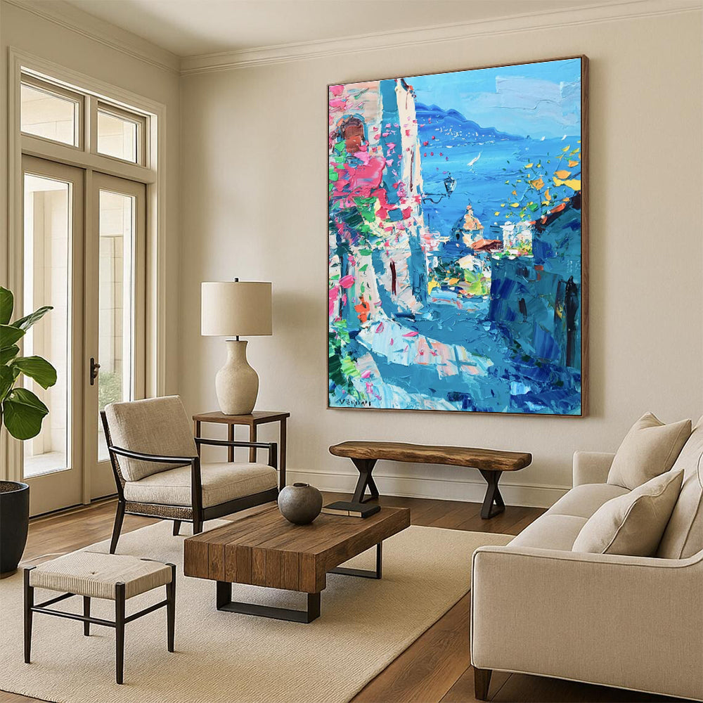 Coastal Town Abstract Painting with Blue and Pink Hues ADGE530