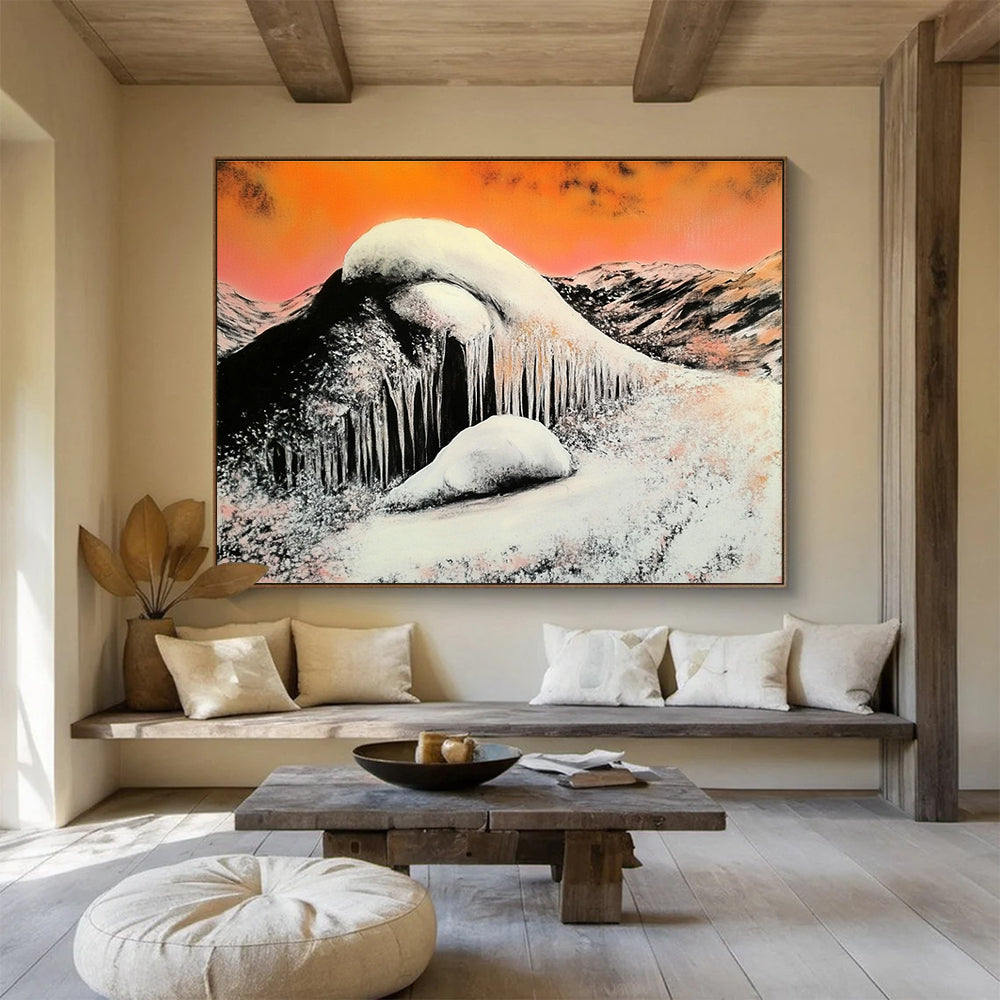 Orange Sky Snowy Mountain Abstract Painting with Icicles DYP160
