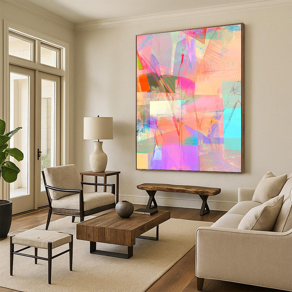 Abstract digital collage with pastel colors featuring neon pink squares bright blue patterns soft orange lines and vibrant green and yellow accents.STSC543
