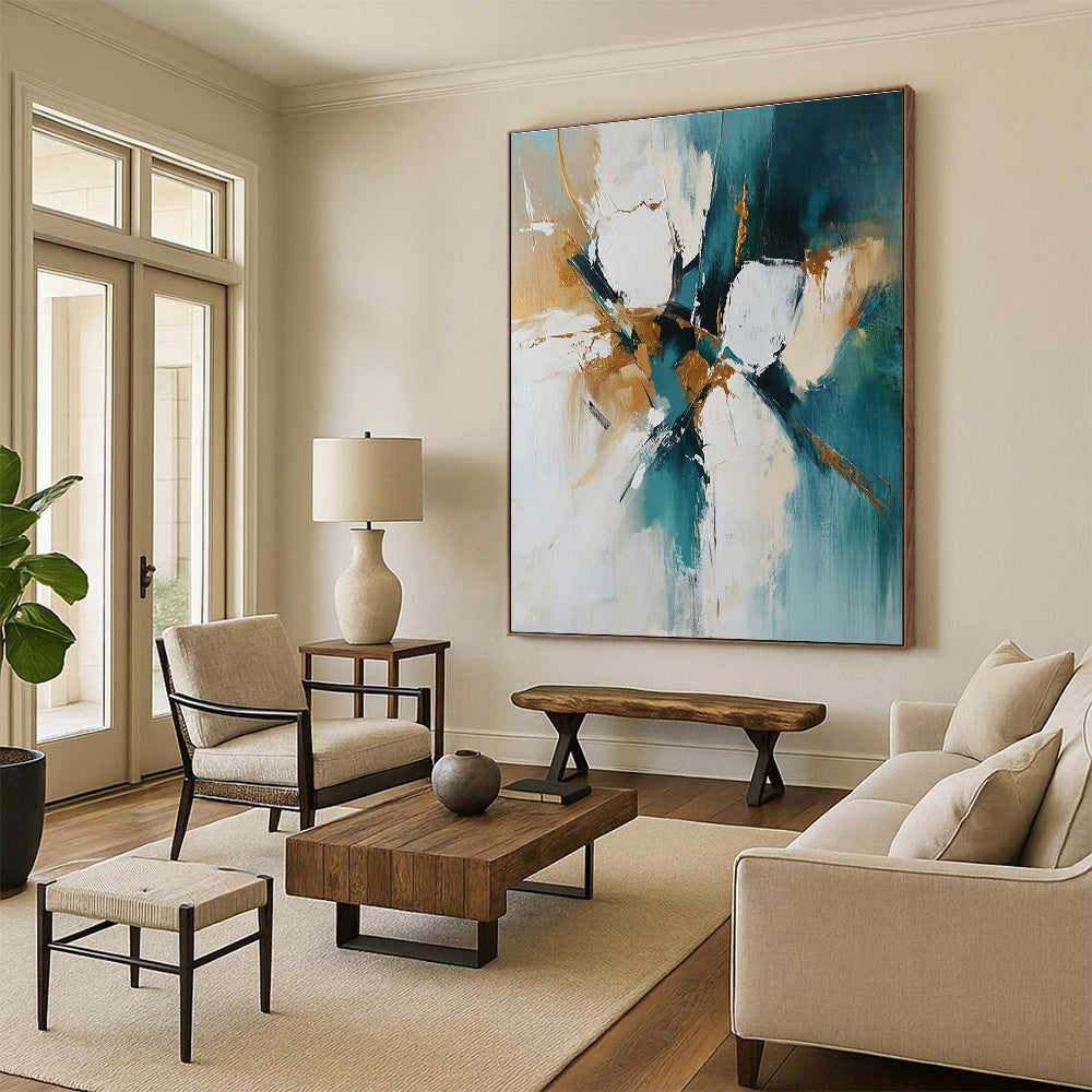 Teal Gold and White Abstract Painting with Dynamic Strokes GER682