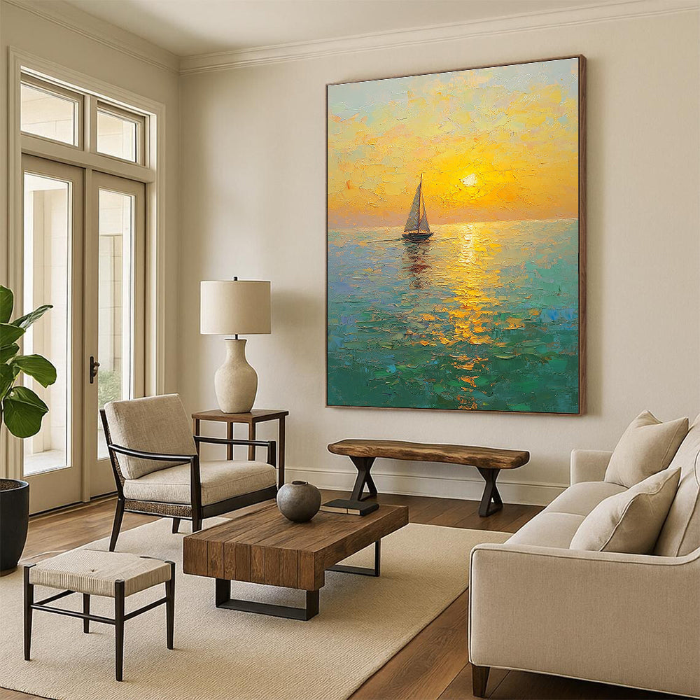Large Abstract Painting of a golden sunset over the sea with sailboat textured brush strokes and a tranquil atmosphere of yellow-green and light blue.STSC1296