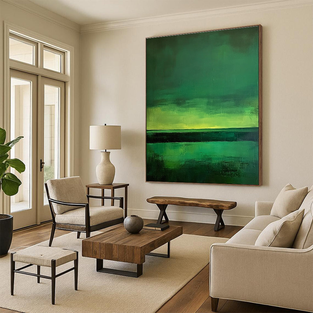 Large abstract painting of green fields under a dark sky illuminated by northern lights featuring minimalism and expressive brush strokes inspired by Mark Rothko.STSC308