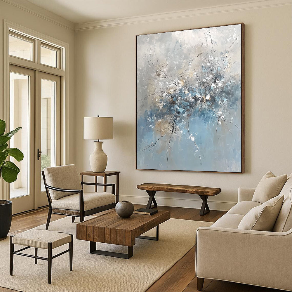 Blue and Gray Abstract Floral Painting with Textured Blooms GER653