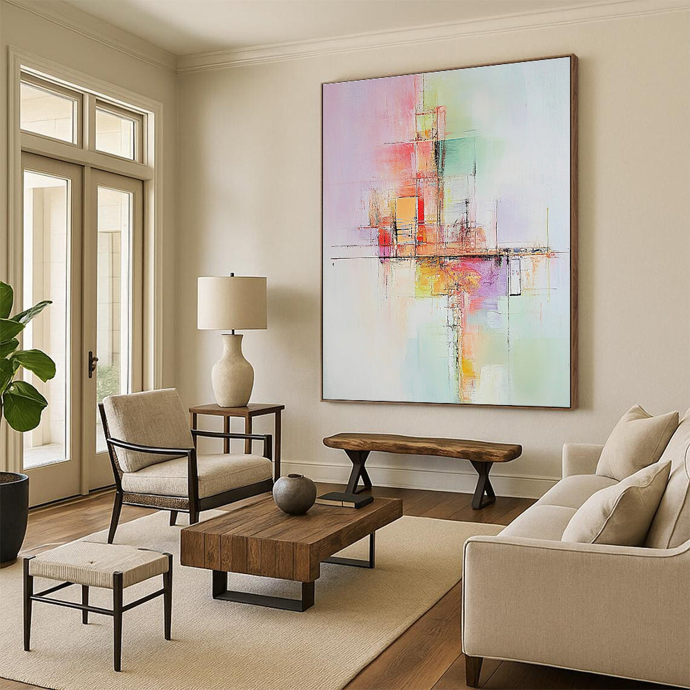 Large abstract painting with soft pastel colors depicting abstract buildings conveying calmness and dynamic balance enhanced by warm tones and textures.STSC803