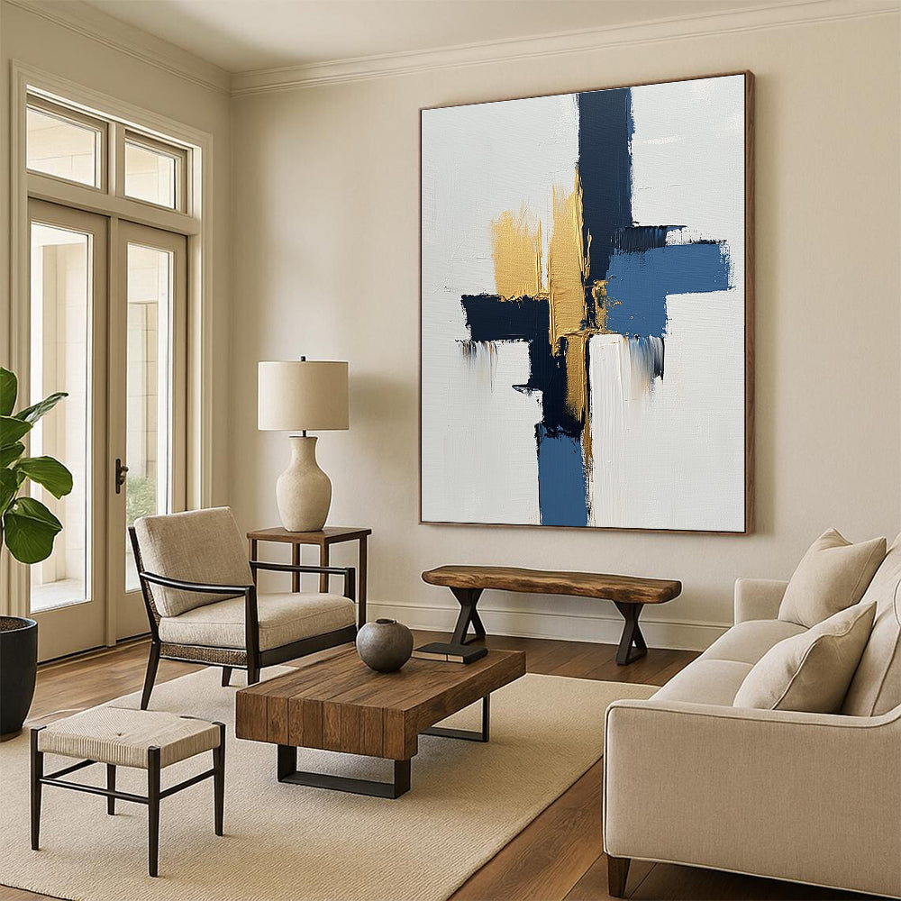 Blue and Gold Abstract Painting with Bold Strokes GER440
