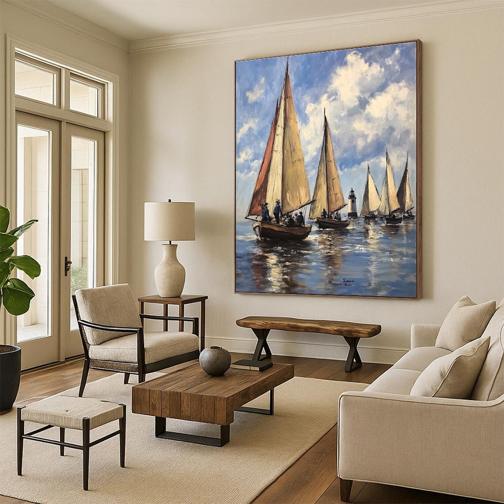 Abstract painting depicting sailboats on water under a light blue sky with clouds inspired by 20th-century French artists.STSC1134