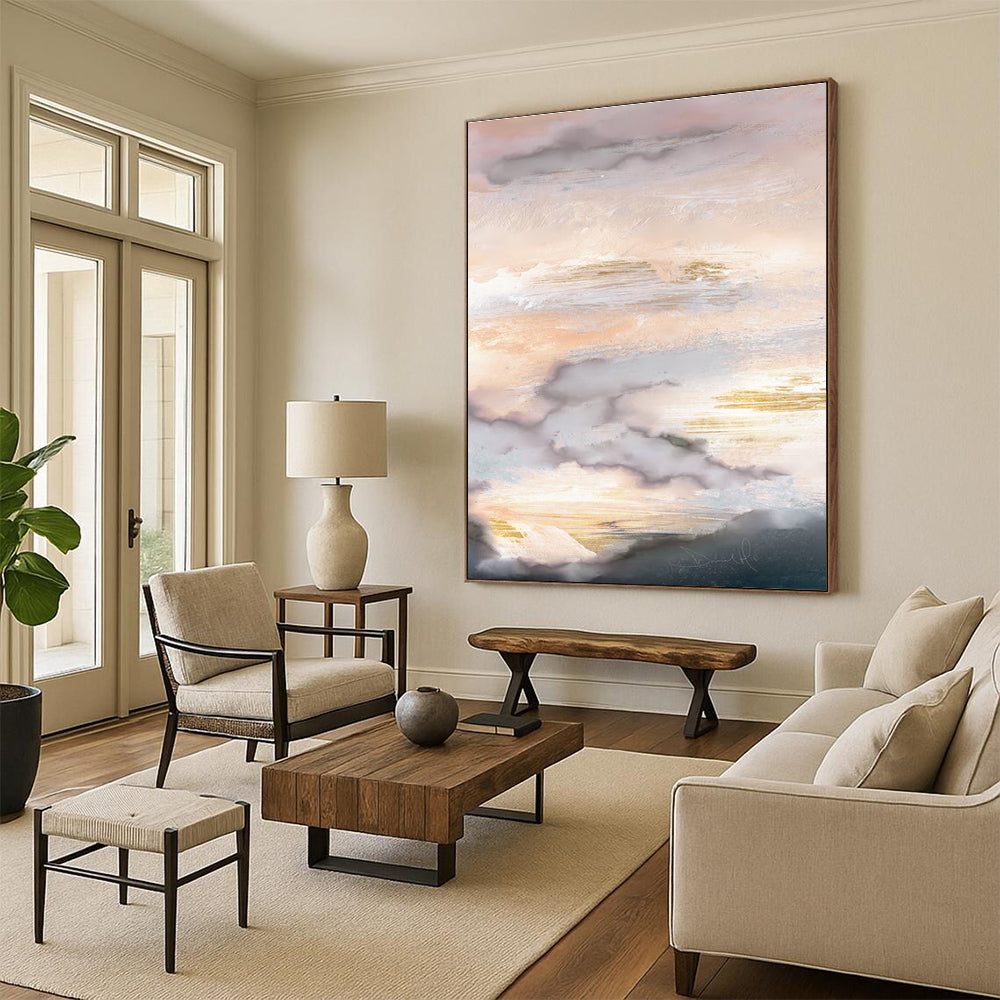 Blush Teal and Gold Cloud Abstract Painting ADGE166