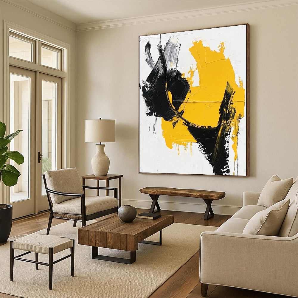 Yellow Black White Abstract Painting with Bold Shapes GER742