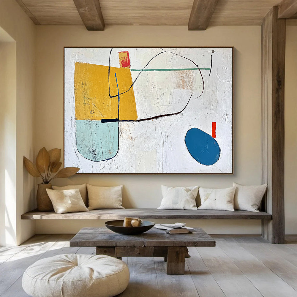A large abstract painting featuring a yellow block, blue oval line, and colorful shapes on a textured white background.SC298