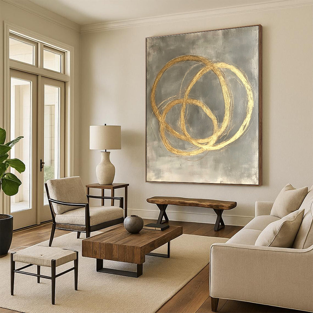 Golden Circles Abstract Painting on Gray Background GER270