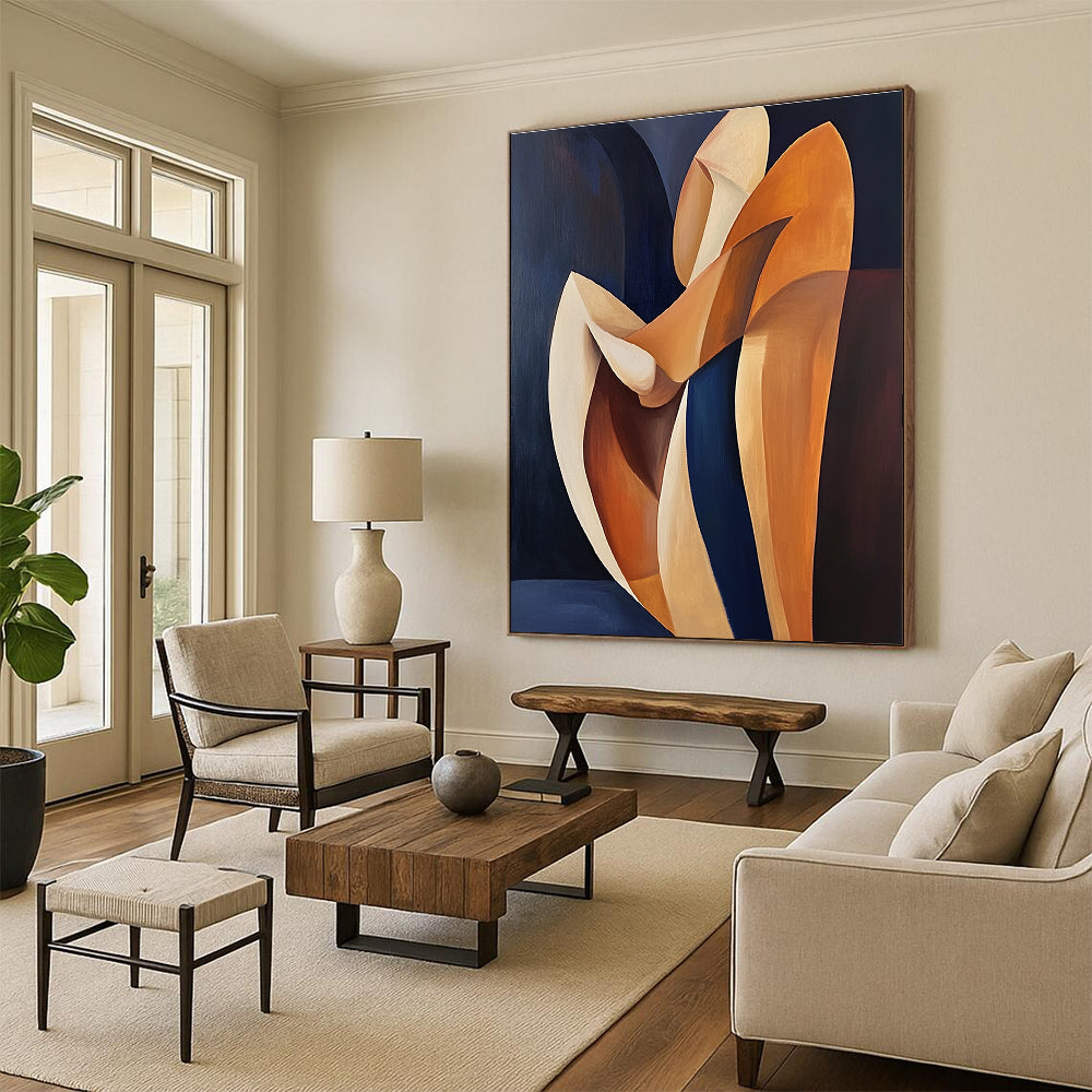 Abstract oil painting in Picasso style featuring orange and navy blue colors with a figure resting on wooden shapes and minimalist lines.STSC1372