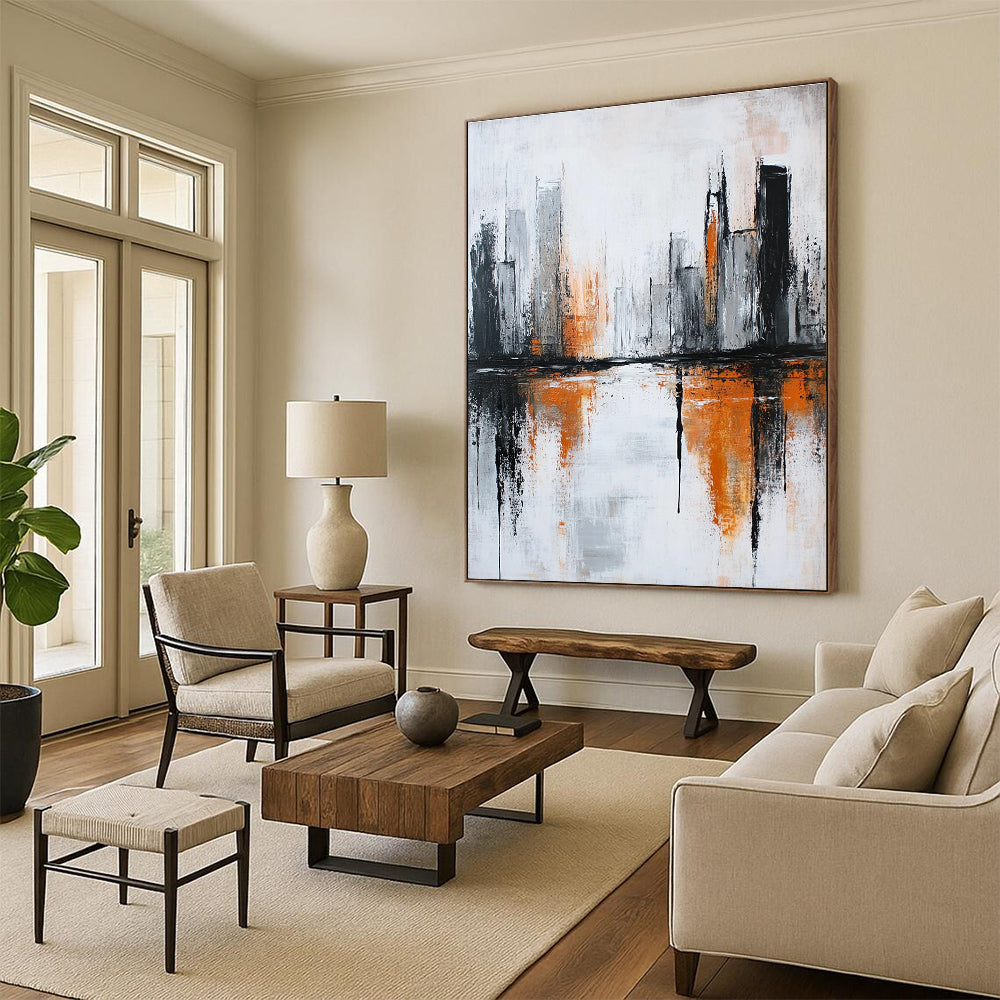 Large abstract painting featuring a river in an urban landscape with orange and gray accents highlighting themes of decay and modern art.STSC406