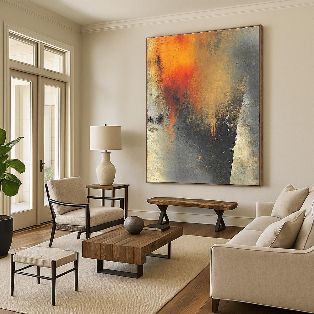 Orange Gray Textured Abstract Painting with Evocative Layers GER807