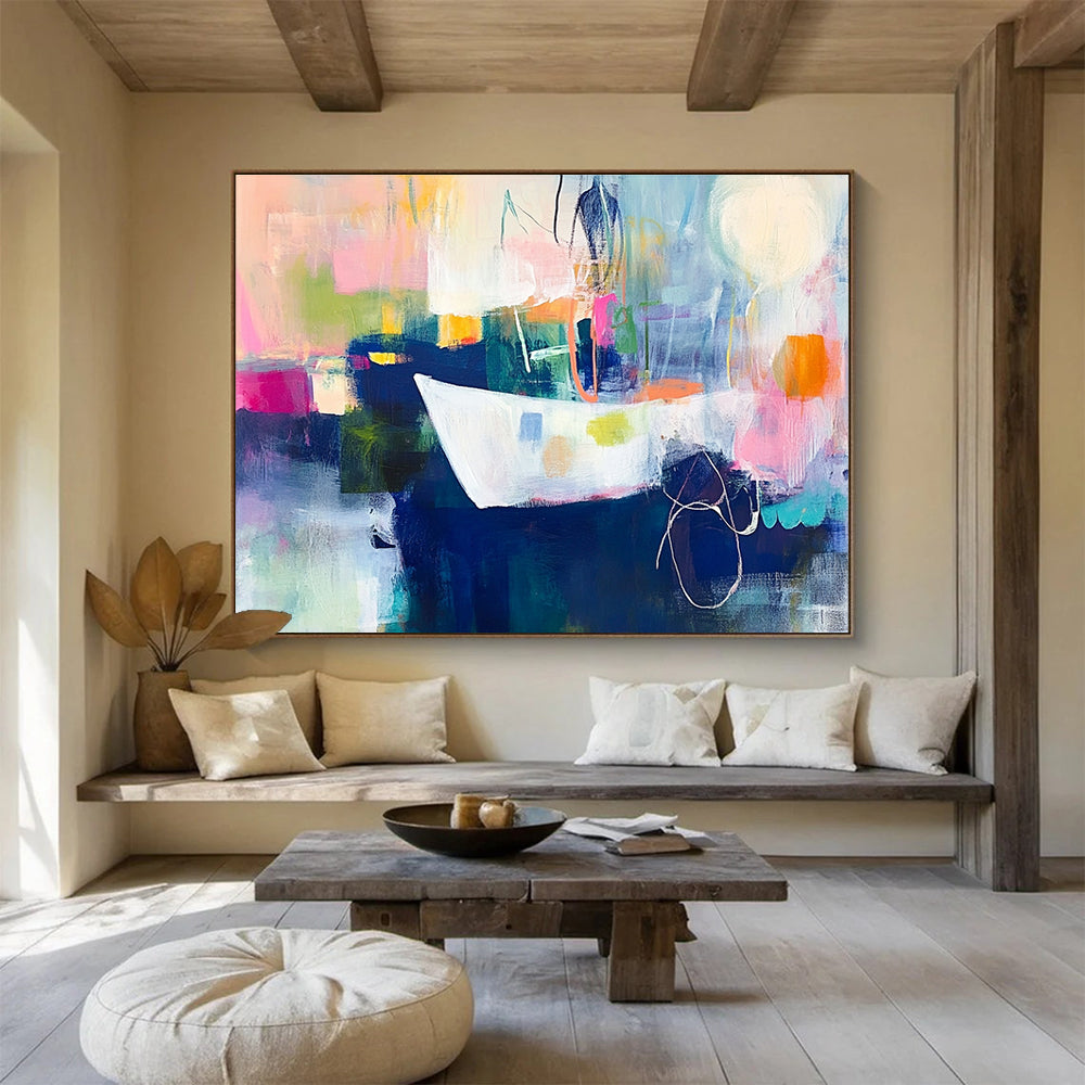 An abstract expressionist painting featuring vibrant colors and loose brushstrokes illustrating the journey of the first female sailor to England.SC306