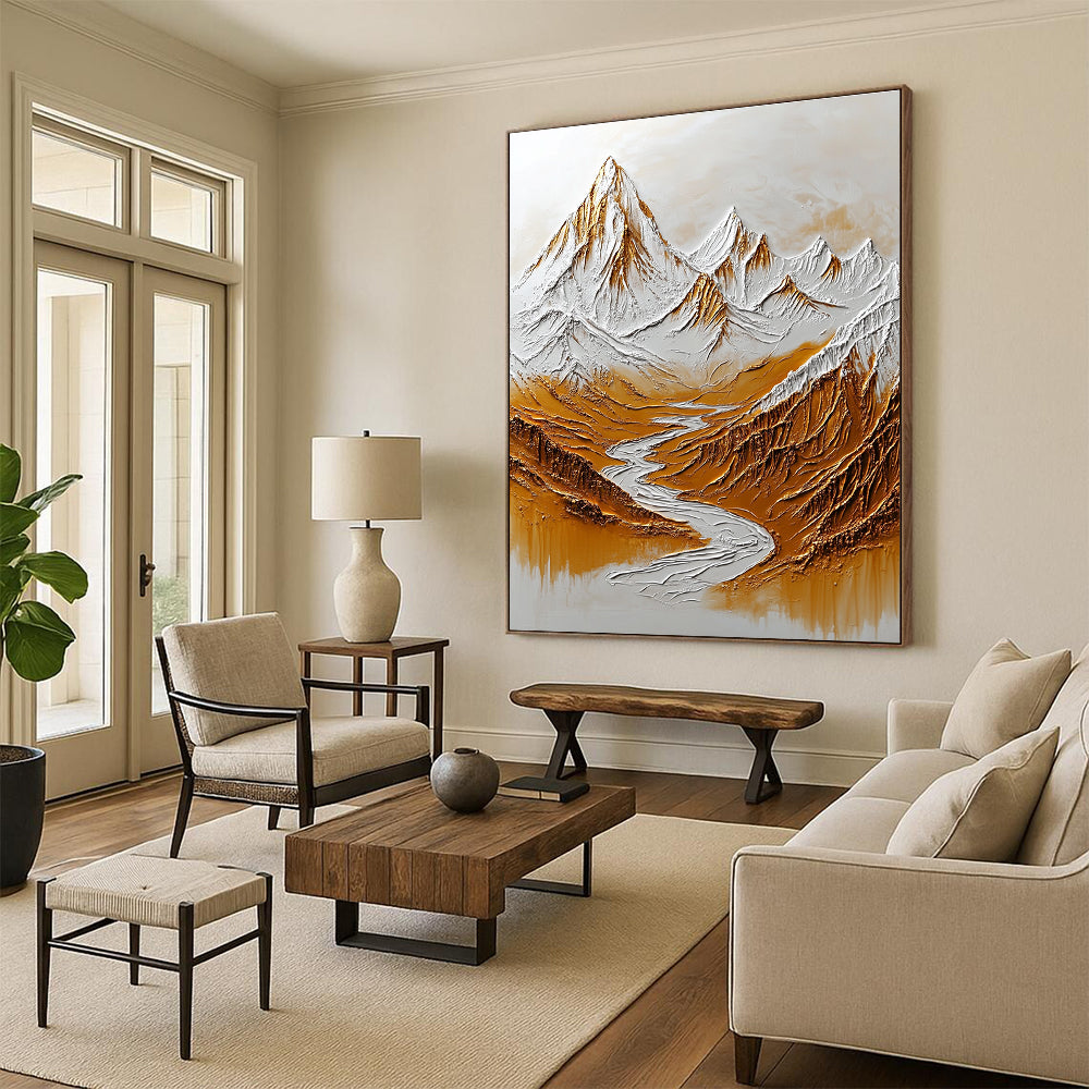 Large abstract painting of the Himalayas featuring snow-capped peaks and flowing rivers in warm tones for added depth and texture on a white background.STSC003