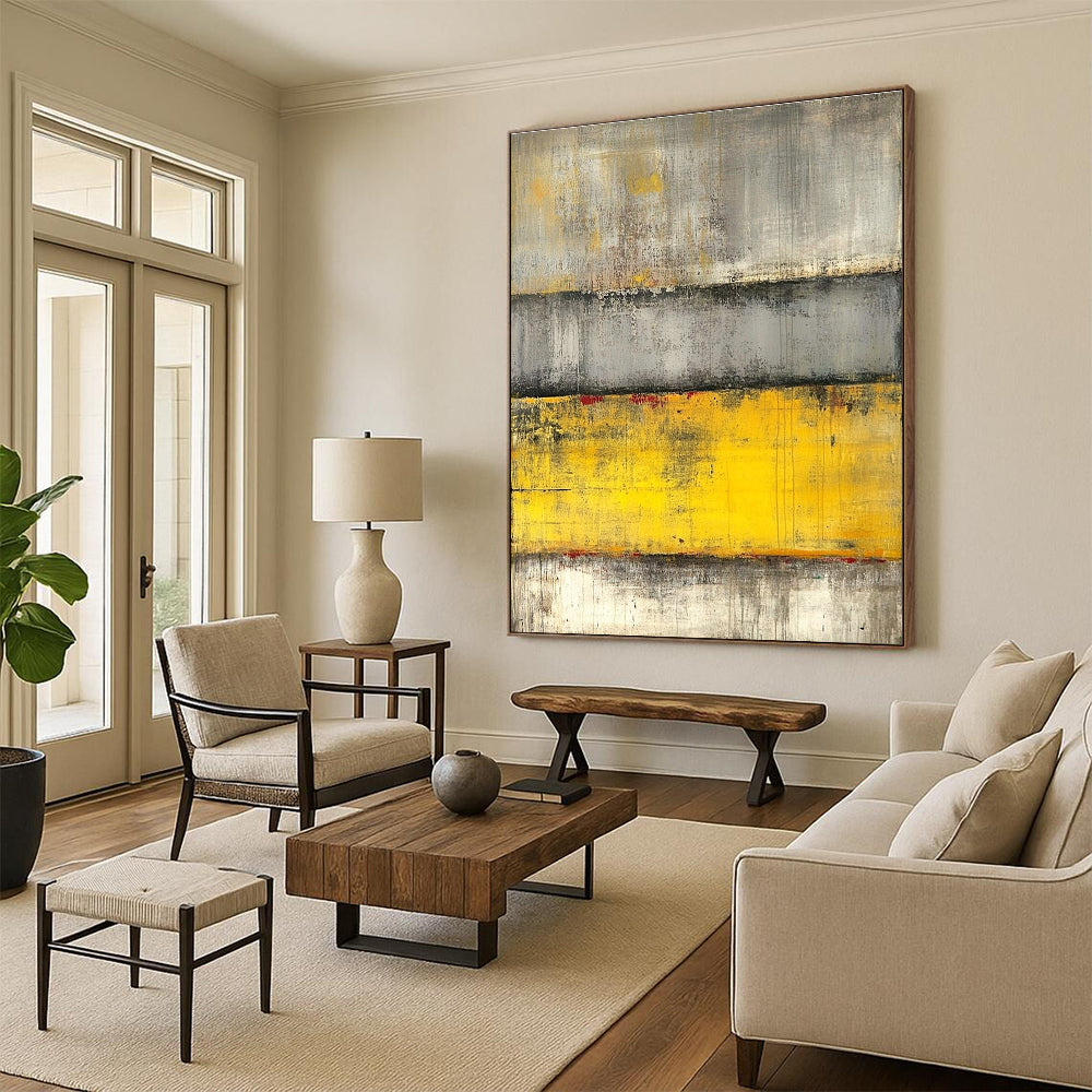 Gray and Yellow Abstract Painting with Textured Layers GER542