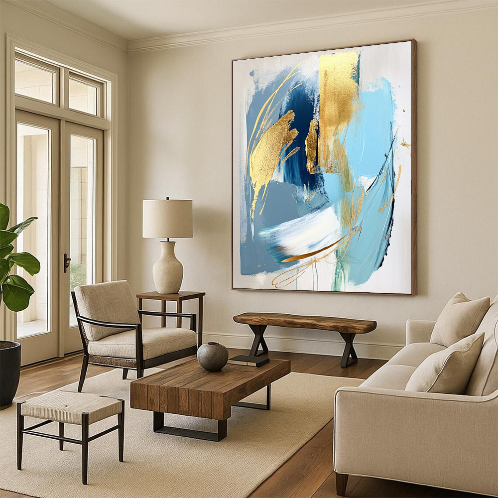 Blue Gold Abstract Painting with Elegant Accents GER713
