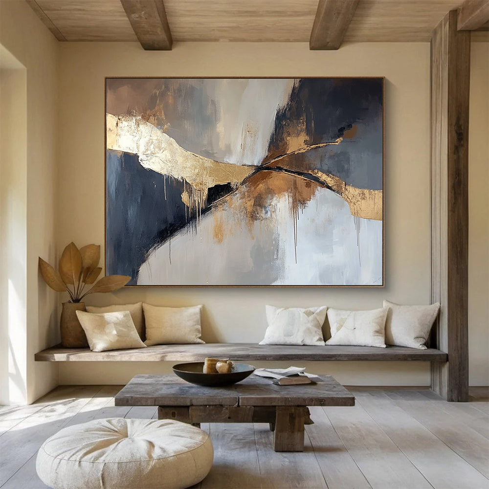 An abstract painting in muted browns and greys with elegant gold accents, featuring a striking minimalistic design perfect for modern aesthetics.SC327
