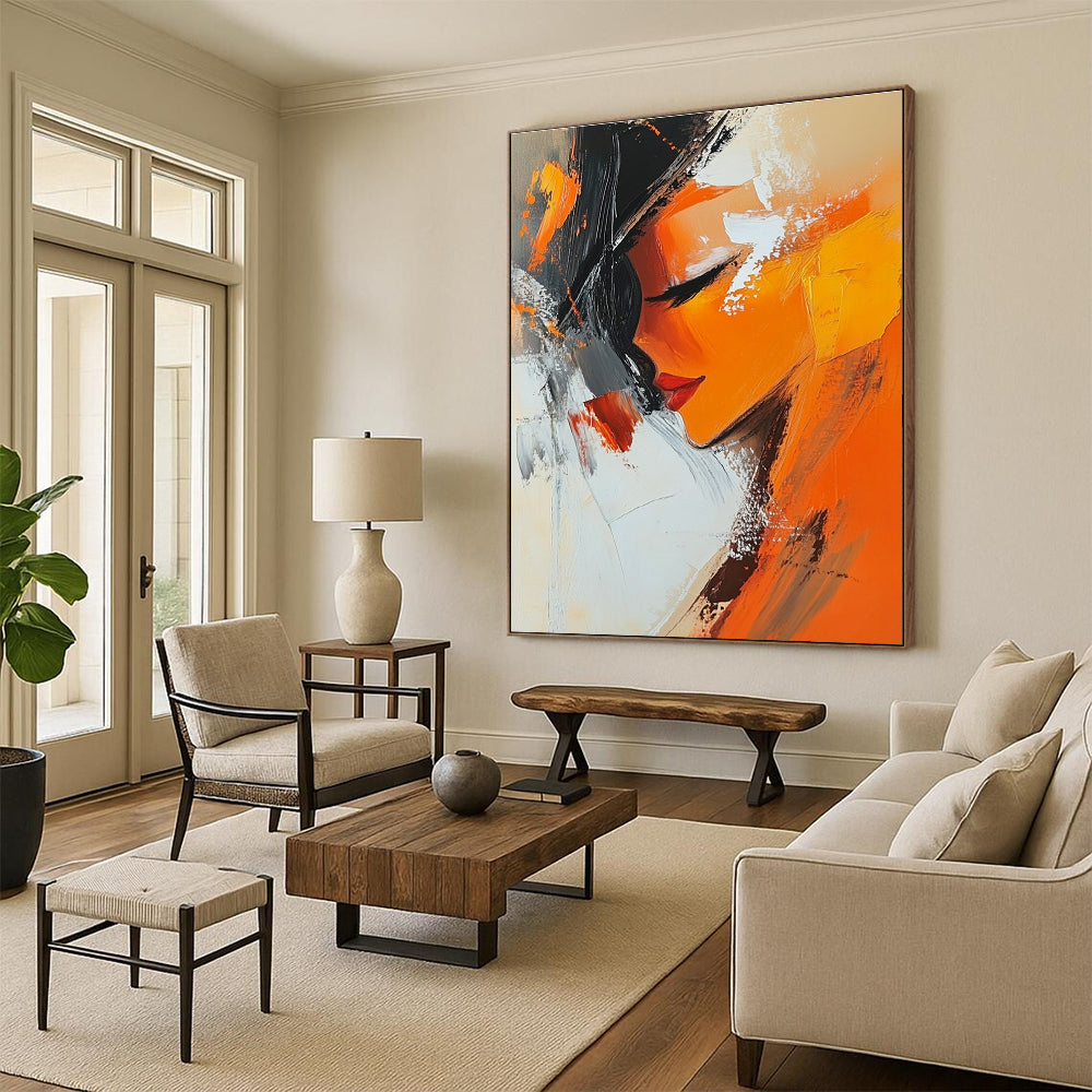 Large abstract oil painting featuring an orange woman infused with expressive brushstrokes in white beige black grey and brown tones.STSC151