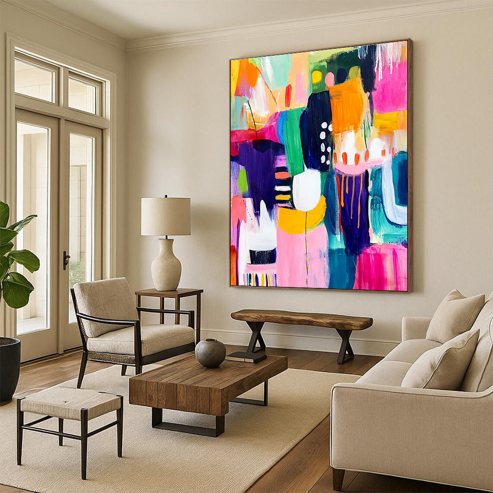 A large abstract painting bursting with vibrant colors and dynamic shapes representing happiness creativity and playful celebration in an art gallery setting.STSC1219