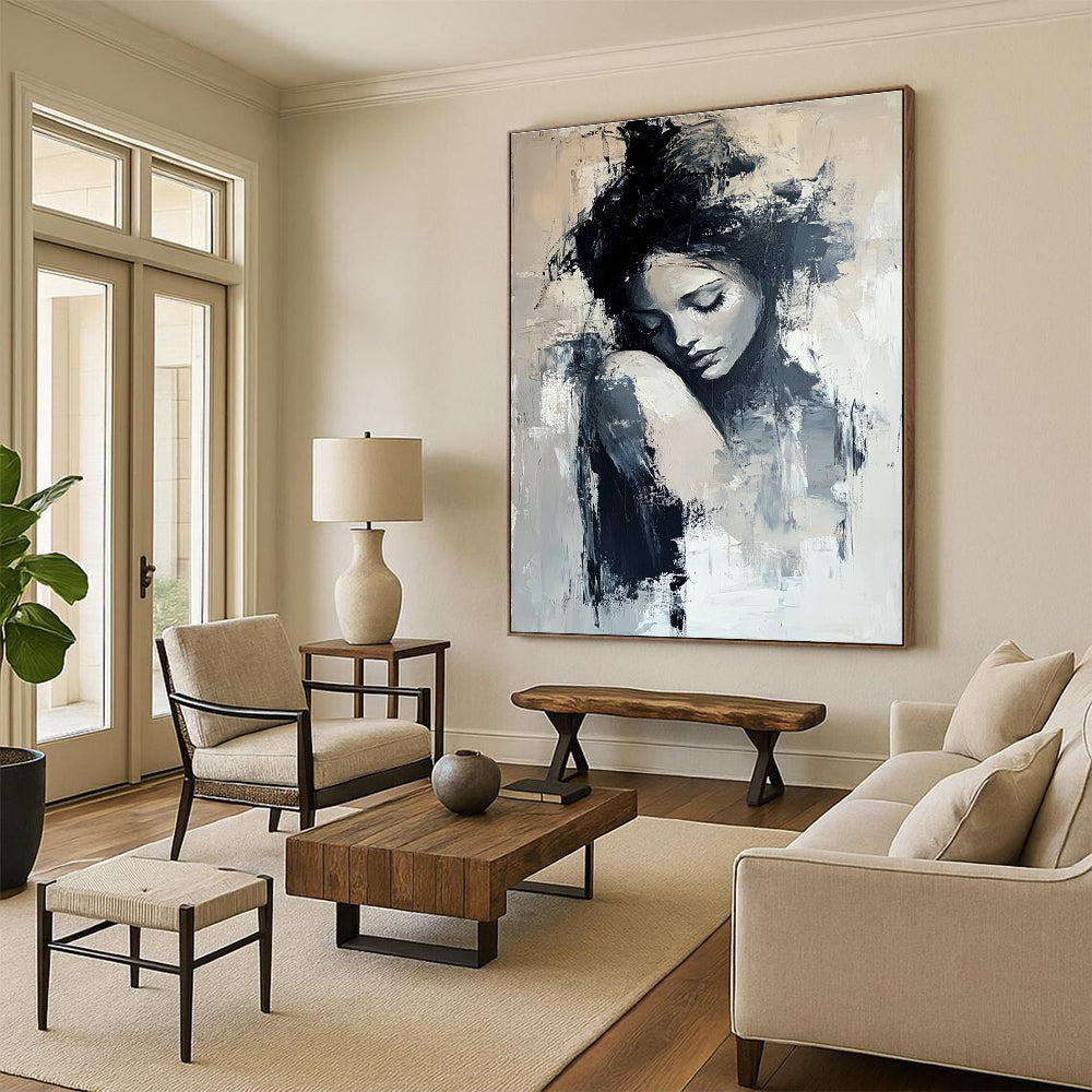 Large Abstract Painting Featuring A White Flower With Gold Accents Bold Brush Strokes And Neutral Colors Set Against A Black Background.STSC297