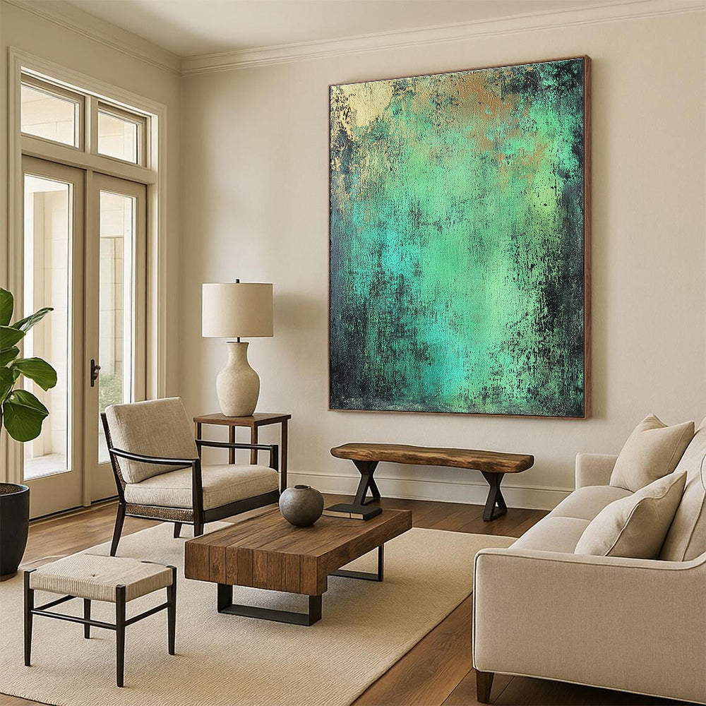 Green Blue and Gold Abstract Painting with Rustic Textures GER039