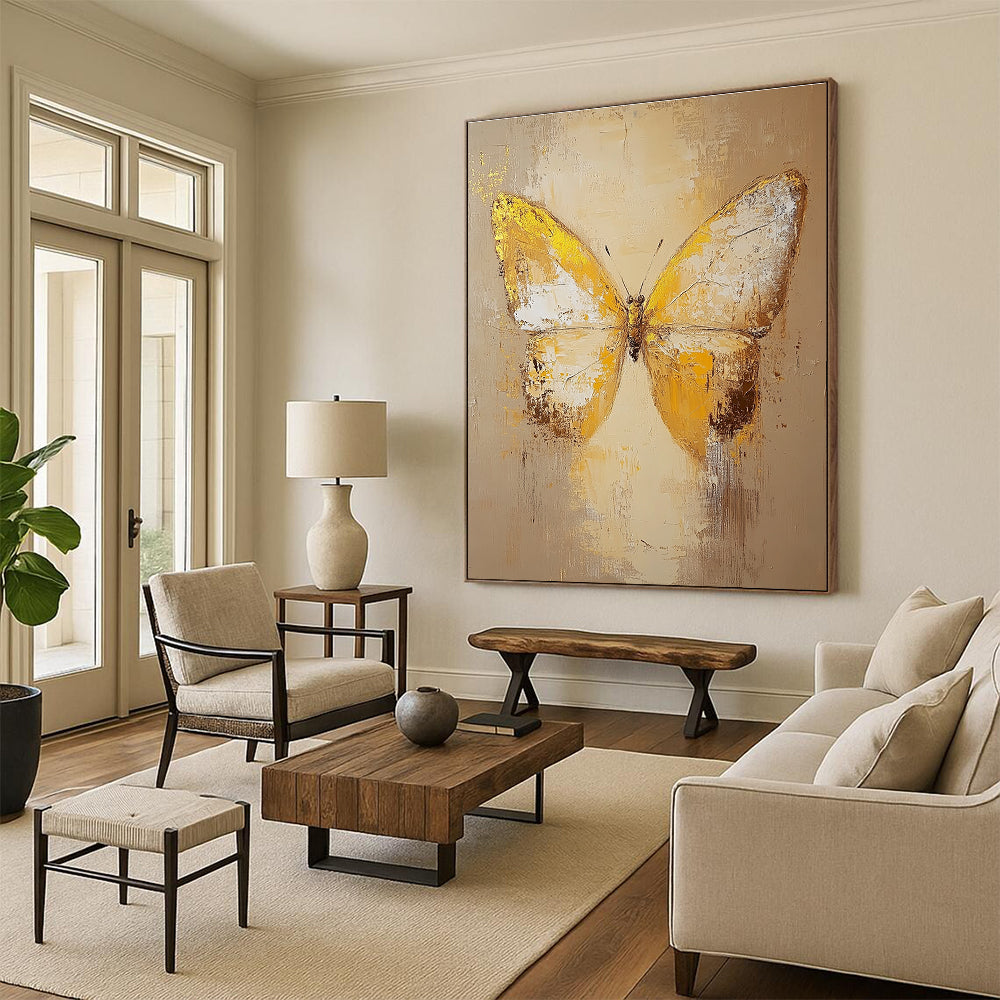 Large abstract butterfly painting in beige and yellow tones with textured old canvas and gold elements, capturing a love for nature and artistic expression.STSC1028