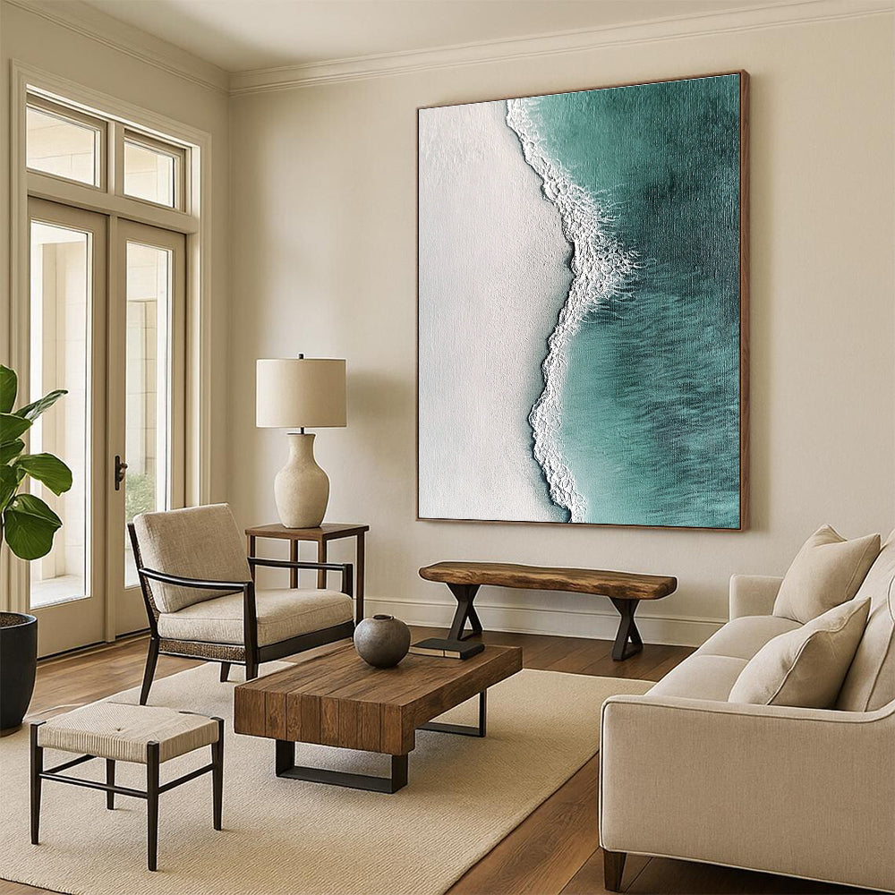 Large abstract painting featuring ocean waves and white sand in hyper-realistic textures with dark green light blue and light gray tones.STSC532