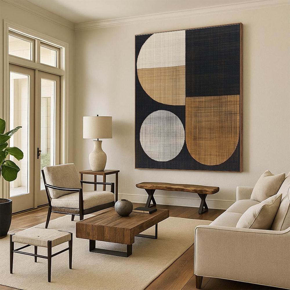Large abstract artwork featuring abstract shapes, wood grain texture, and a sophisticated black color scheme for a modern aesthetic.STSC933