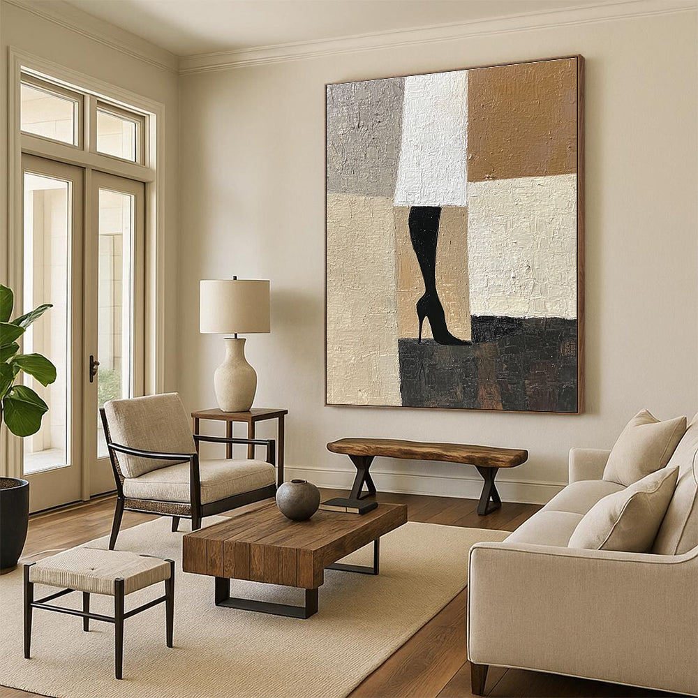 Large abstract painting featuring a woman's legs in Art Deco and Cubism style with a beige white and black palette on textured canvas.STSC1327