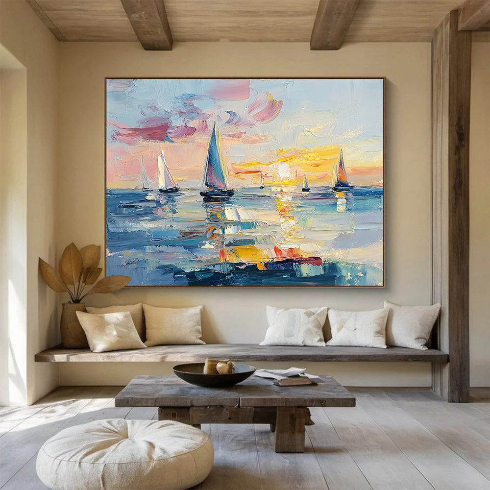 Large abstract painting of the ocean at sunset featuring sailboats vibrant pinks blues and yellows with expressive brush strokes and palette knife textures.SC606