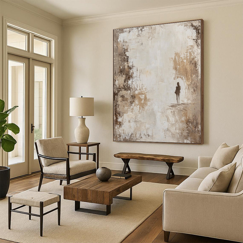 Large abstract painting featuring a beige and white distressed background with neutral tones that add a vintage feel and subtle elegance to any space.STSC905